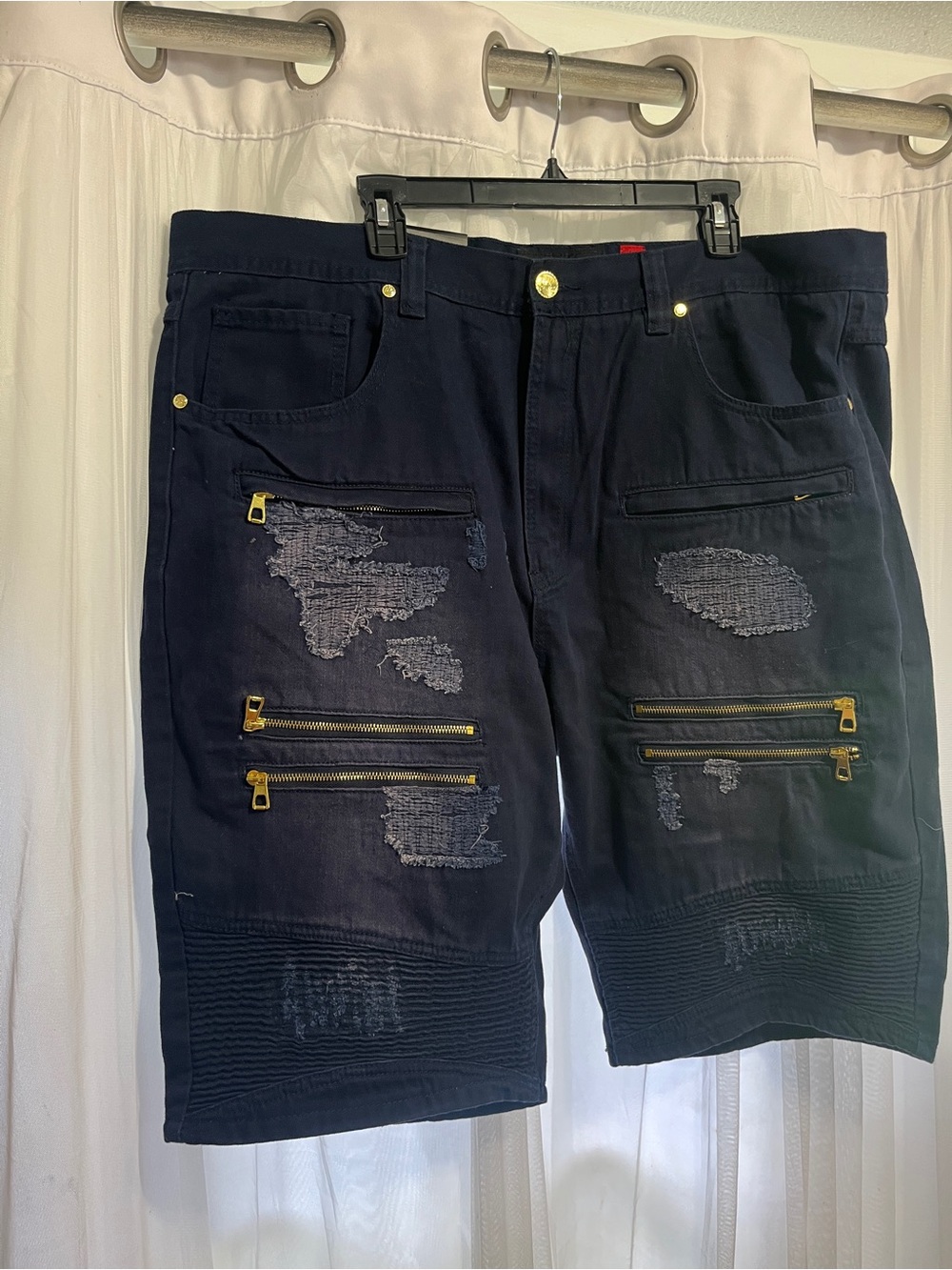 Navy blue denim shorts Makobi size 44 2xlarge gold zippers distressed